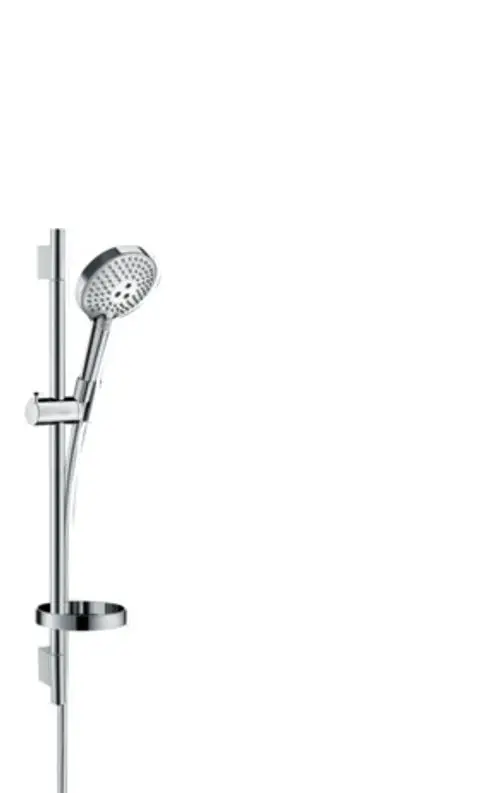 Hansgrohe Brauseset mit Handbrause, Schlauch und Brausestange. Seifenschale und Halterung sind ebenfalls integriert. Chrom-Finish.